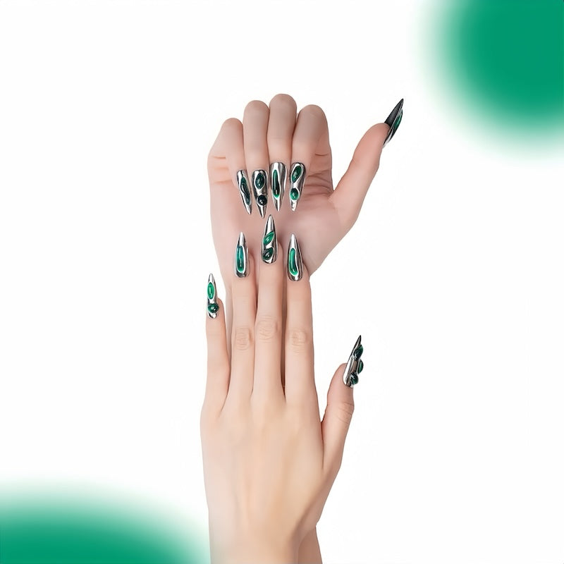 green chrome luxury press on nails on hand front view
