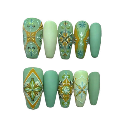 Bohemian Style Luxury Handmade Press-On Nails Green