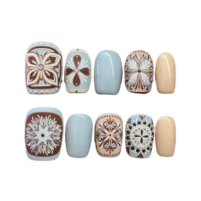 Bohemian Style Luxury Handmade Press-On Nails Blue/Coral