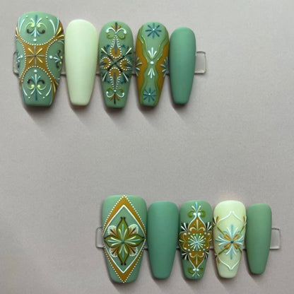 Bohemian Style Luxury Handmade Press-On Nails Green