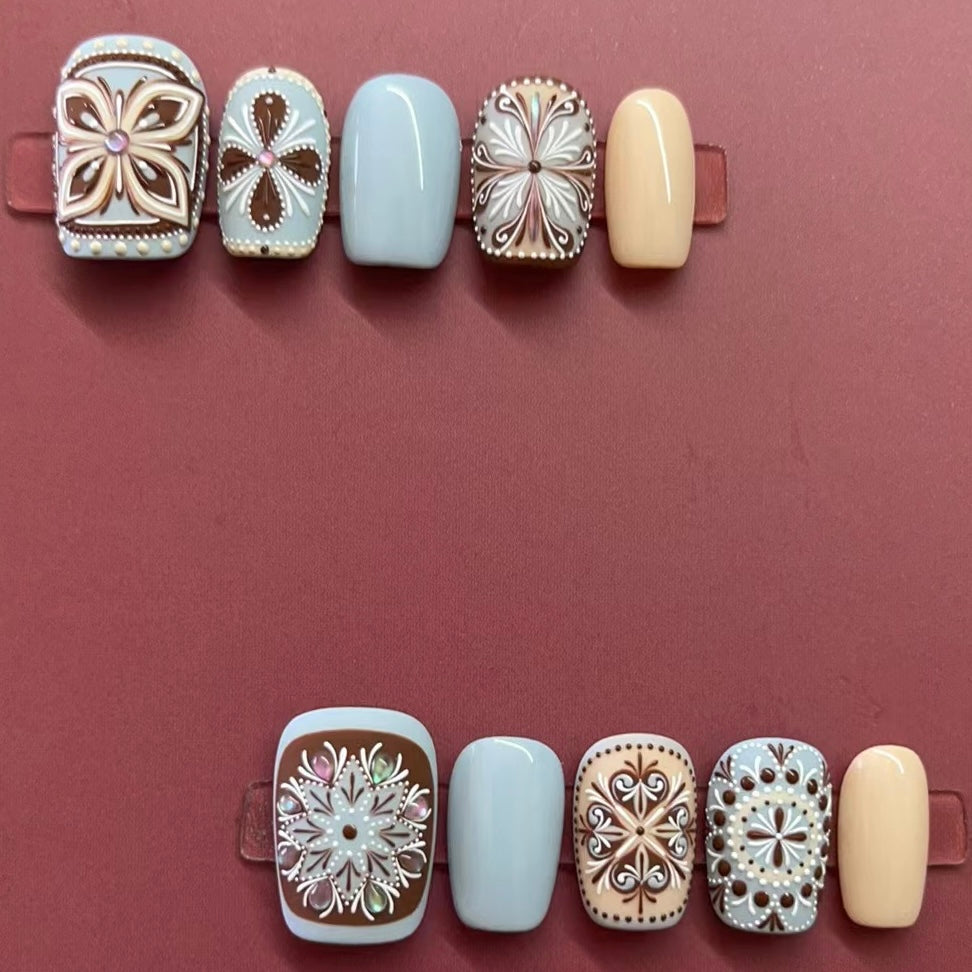 Bohemian Style Luxury Handmade Press-On Nails Blue/Coral