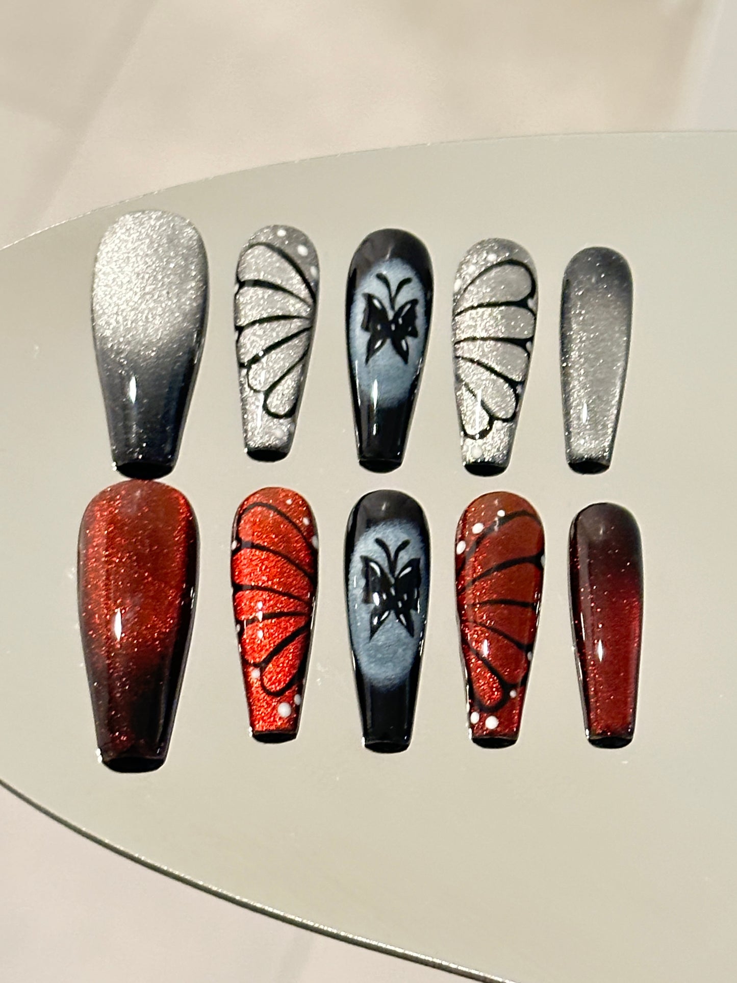 Cat Eye Butterfly Luxury Handmade Press-On Nails Black/Red