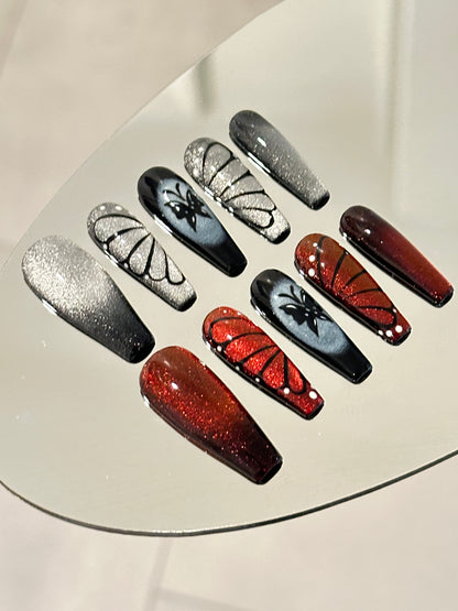 Cat Eye Butterfly Luxury Handmade Press-On Nails Black/Red