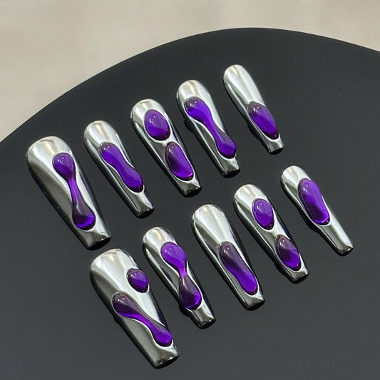 chrome nails with purple accent liquid 3d design long coffin shaped front view ten pieces