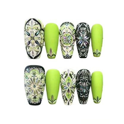 Bohemian Style Luxury Handmade Press-On Nails White/Green