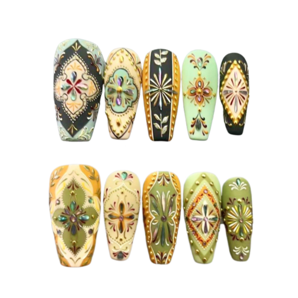 Bohemian Style Luxury Handmade Press-On Nails Matcha