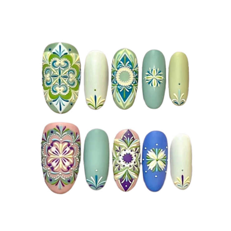 Bohemian Style Luxury Handmade Press-On Nails Green/Pink