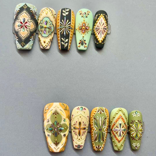 Bohemian Style Luxury Handmade Press-On Nails Matcha