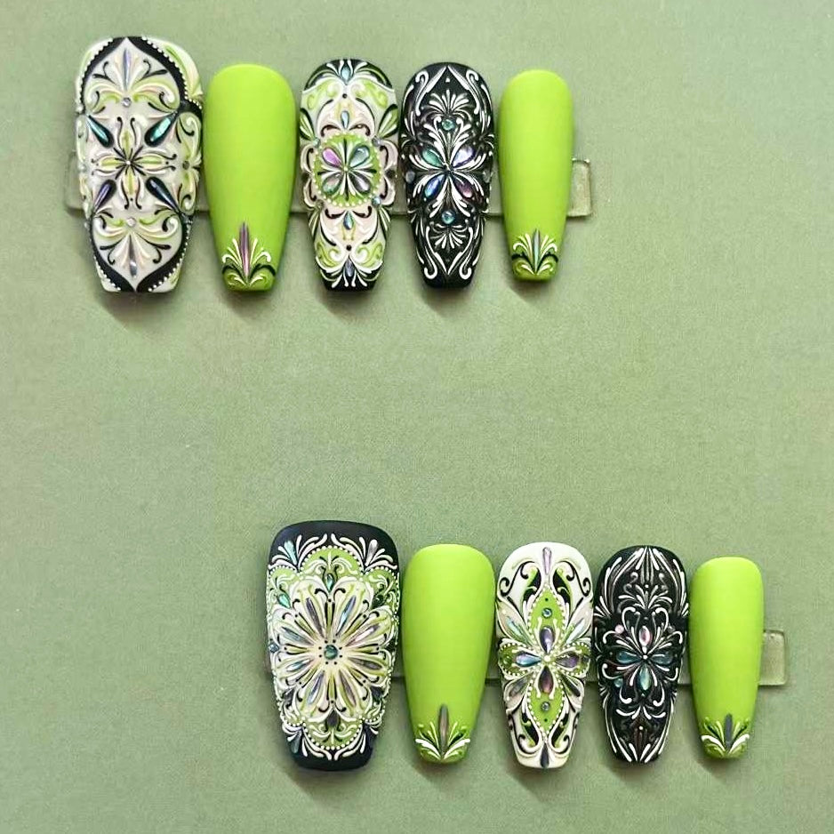 Bohemian Style Luxury Handmade Press-On Nails White/Green