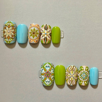 Bohemian Style Luxury Handmade Press-On Nails Green/Blue