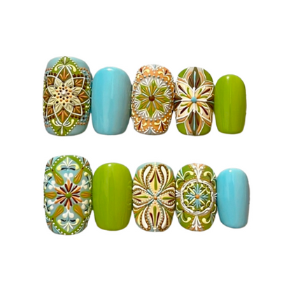 Bohemian Style Luxury Handmade Press-On Nails Green/Blue