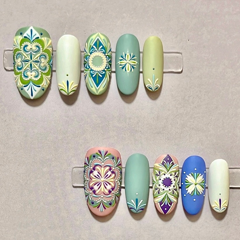 Bohemian Style Luxury Handmade Press-On Nails Green/Pink