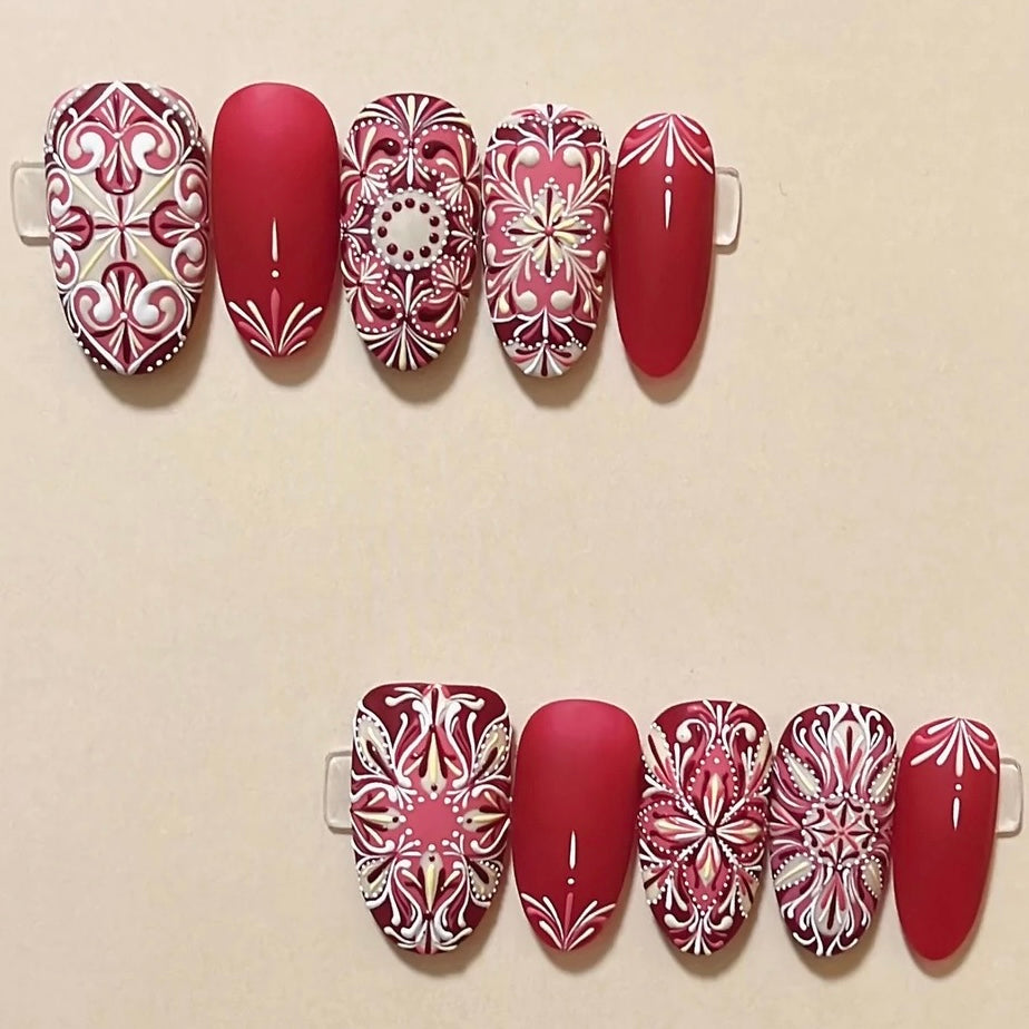 Bohemian Style Luxury Handmade Press-On Nails Red