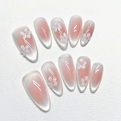 Cat Eye Luxury Handmade Press-On Nails Cherry Blossom Almond