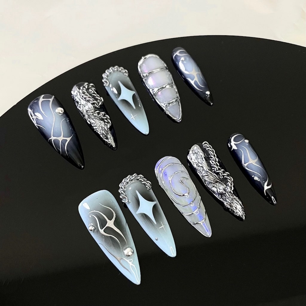 silver chrome luxury nails press on nails star details purple and black color long almond nail shape