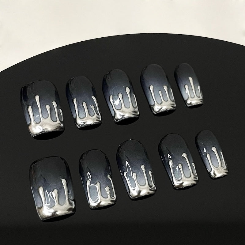 Silver Chrome Luxury Press-On Nails Handmade Ombre/Black