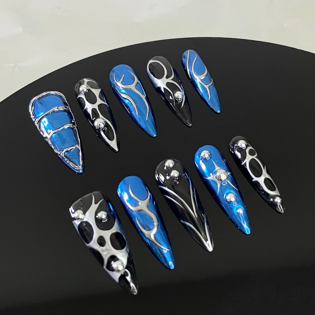 silver chrome luxury nails presson nails custom handmade blue and black colors long almond shaped