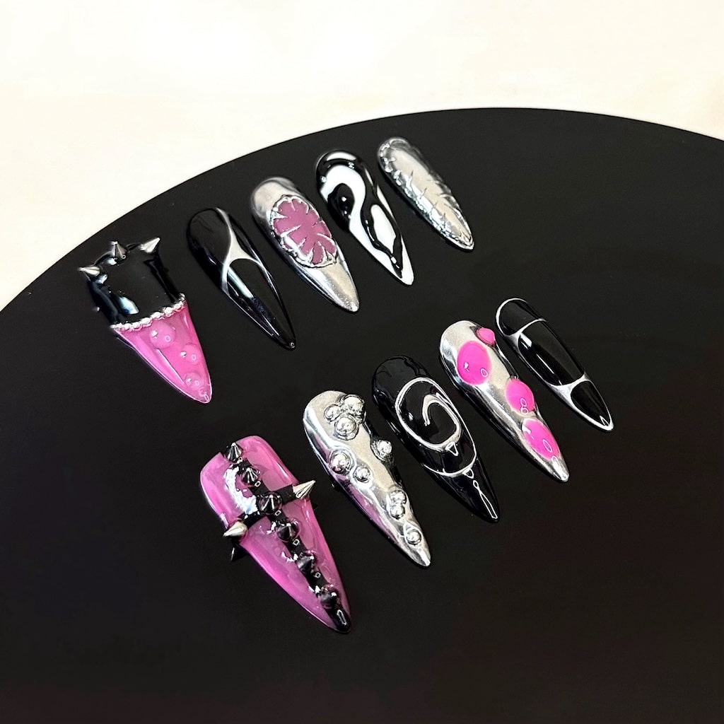 silver chrome 3d luxury nails presson nails custom handmade black and hot pink color longt almond shaped