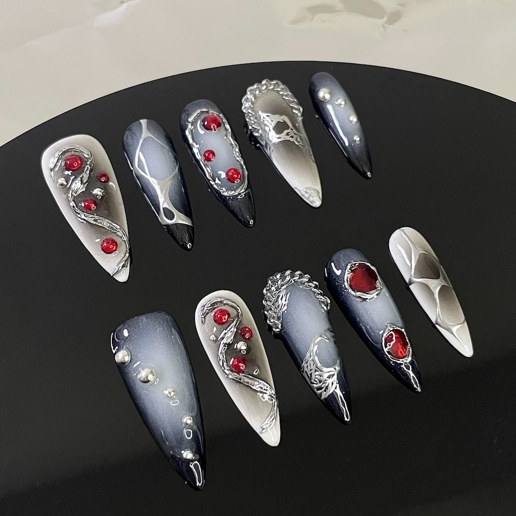 silver chrome 3d luxury nails presson nails red and black color long almond shaped