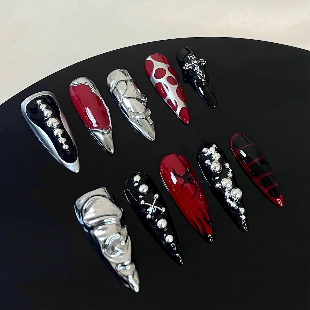 silver chrome luxury nails presson nails with snake print black and red color long almond nails