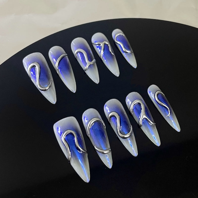 Silver Chrome Luxury Press-On Nails Handmade Ombre/Blue