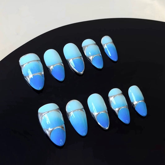 ombre blue silver chrome design press on nails luxury nails almond shaped medium length front view