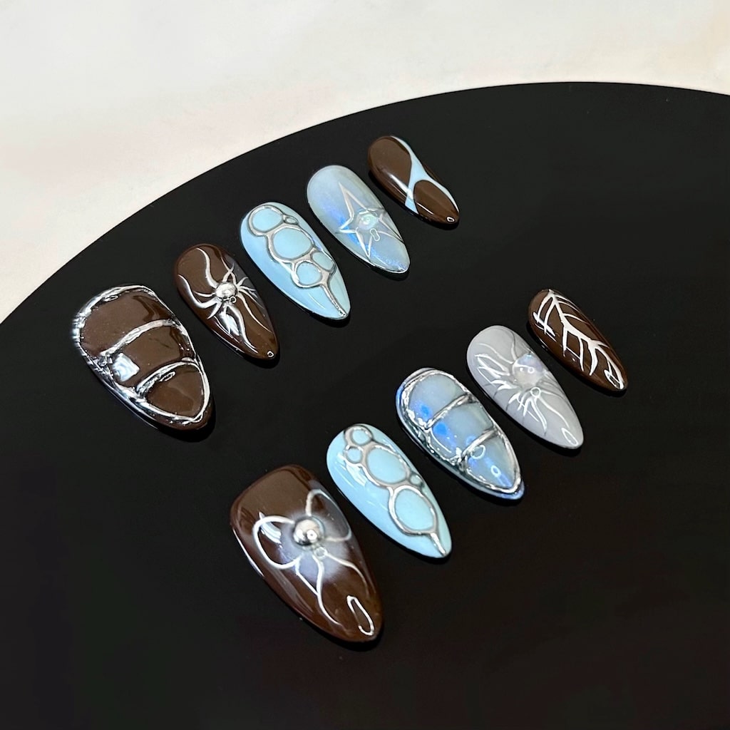 silver chrome 3d luxury nails presson nails custom handmade brown and blue colors short almond shaped