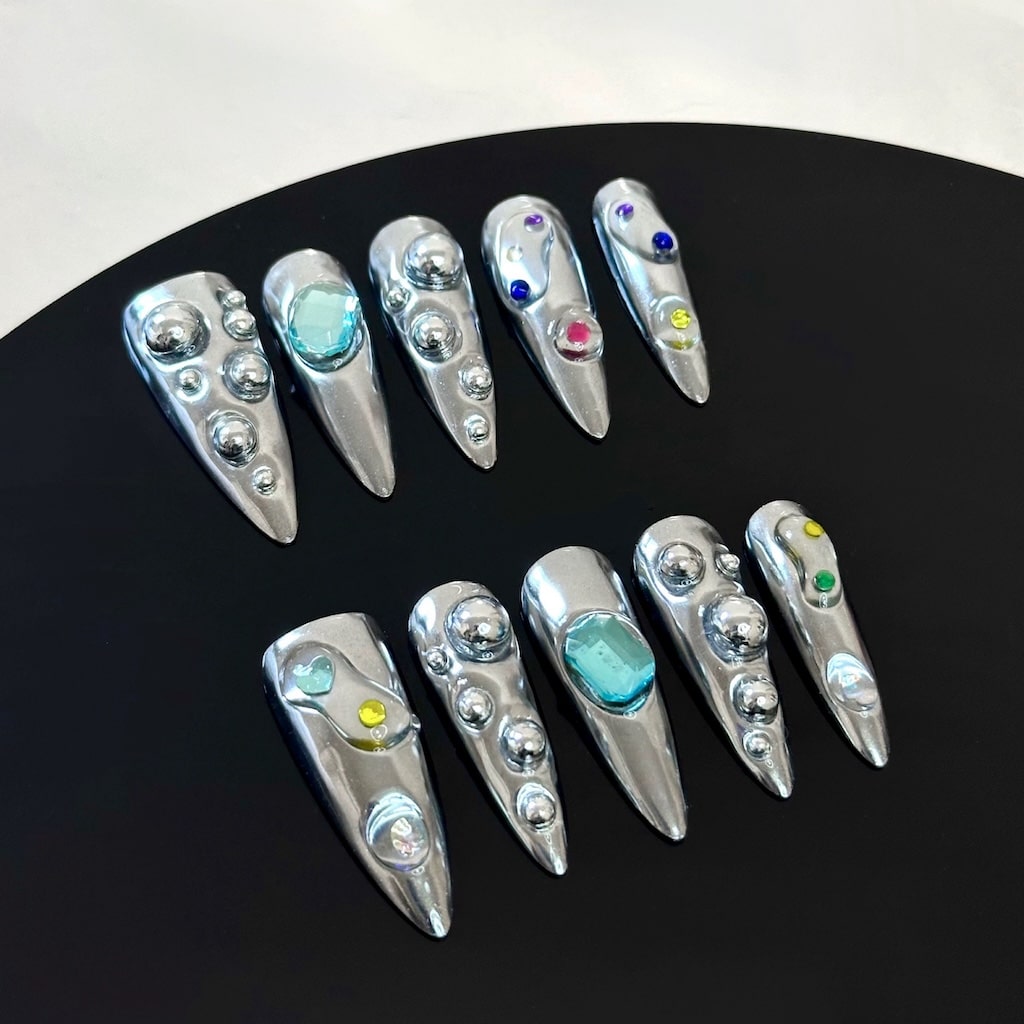 Silver chrome luxury nails press on nails handmade silver and tiffany color