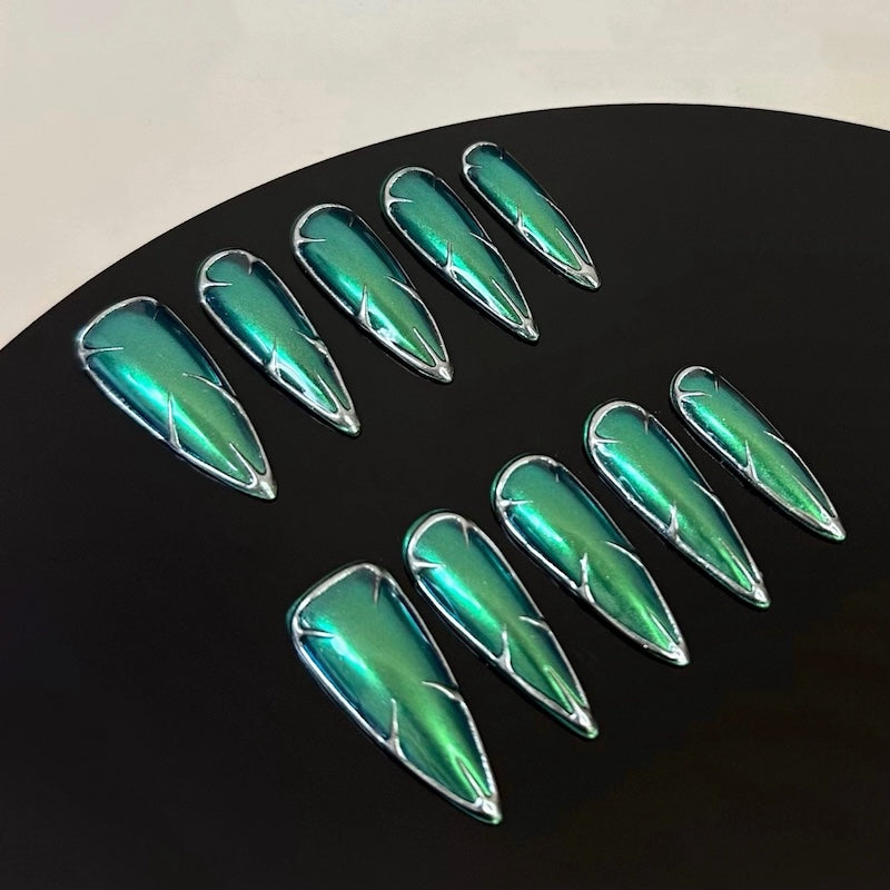 Silver Chrome 3D Luxury Press-On Nails Handmade June Bug/Green