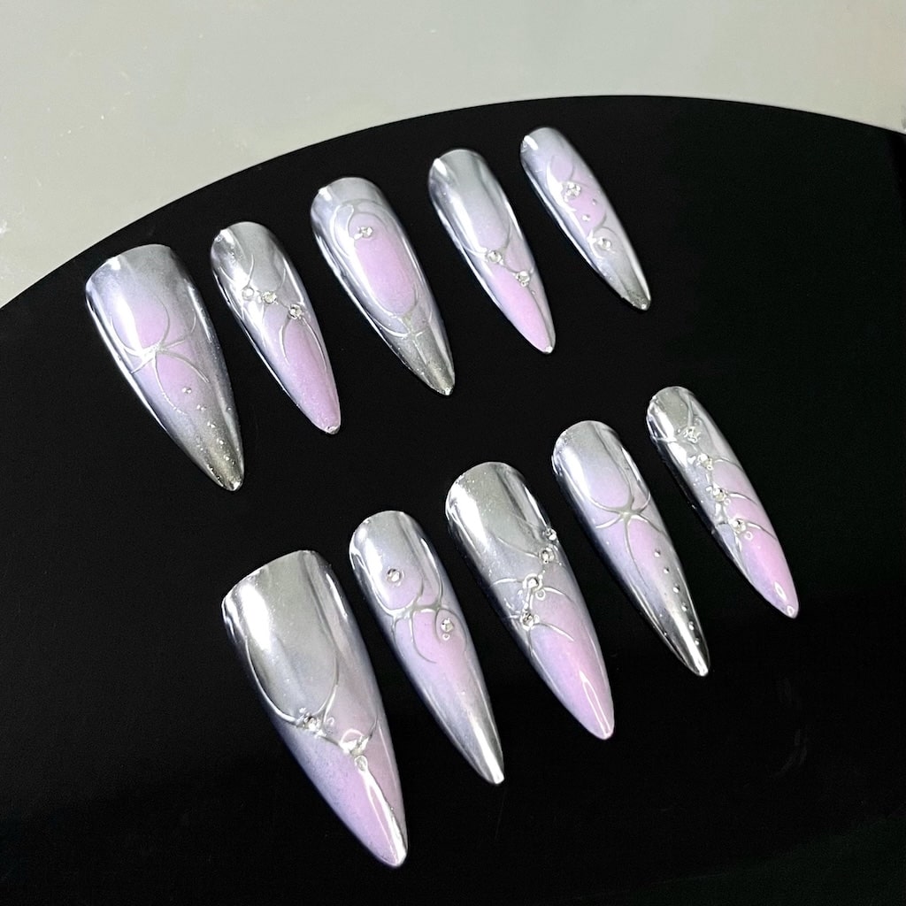 silver chrome 3d luxury nails presson nails custom handmade pink silver ombre color long almond shaped