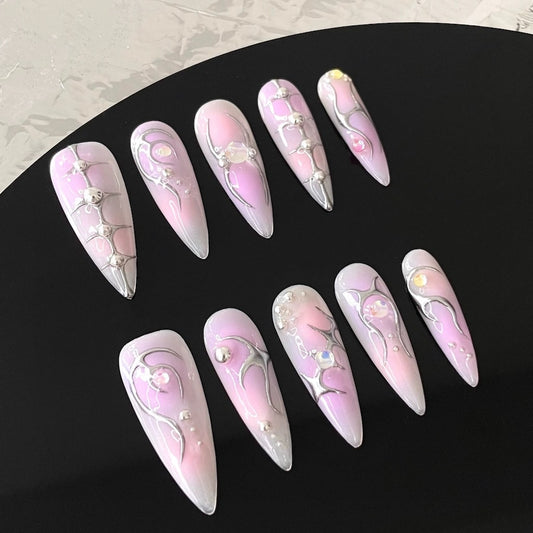 silver chrome luxury nails press on nails handmade custom ombre pink color long almond shaped