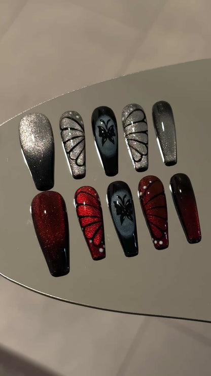 Cat Eye Butterfly Luxury Handmade Press-On Nails Black/Red