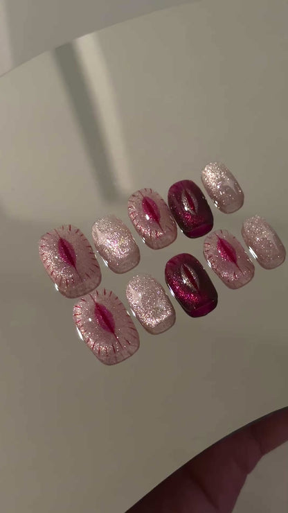 Cat Eye Luxury Handmade Press-On Nails Pink/White