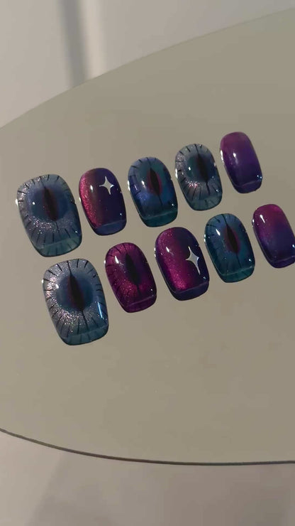 Cat Eye Luxury Handmade Press-On Nails Puple/Blue