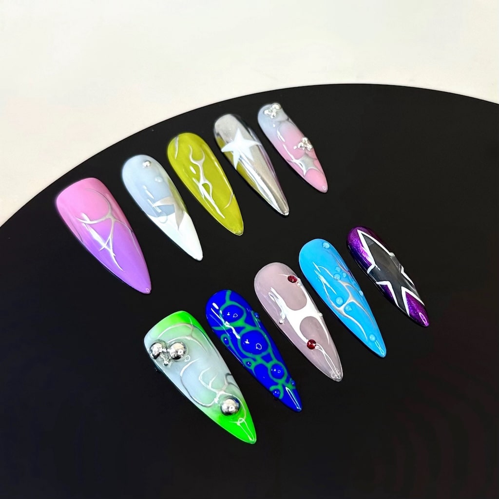 silver chrome luxury nails press on nails multi colors with start print long almond shaped 