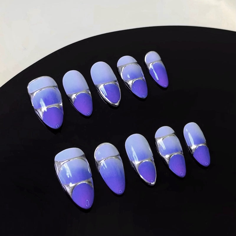 ombre purple silver chrome design press on nails luxury nails almond shaped medium length front view