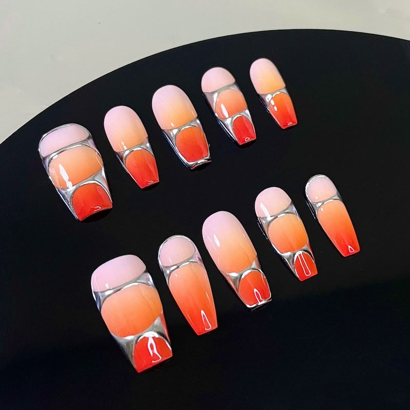 ombre orange silver chrome design press on nails luxury nails coffin shaped medium length front view